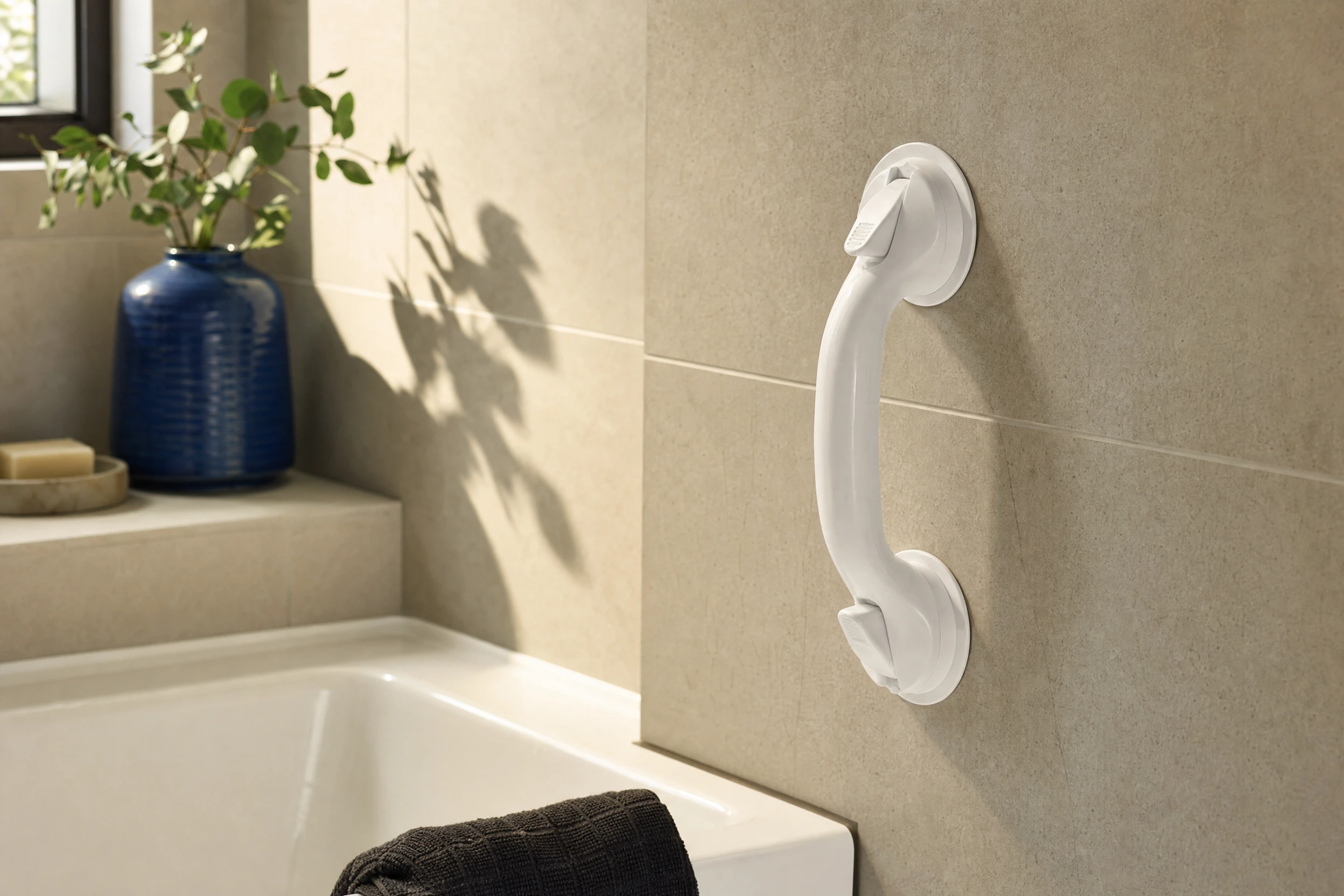 Illustrative suction-handle scene on a smooth bathroom surface