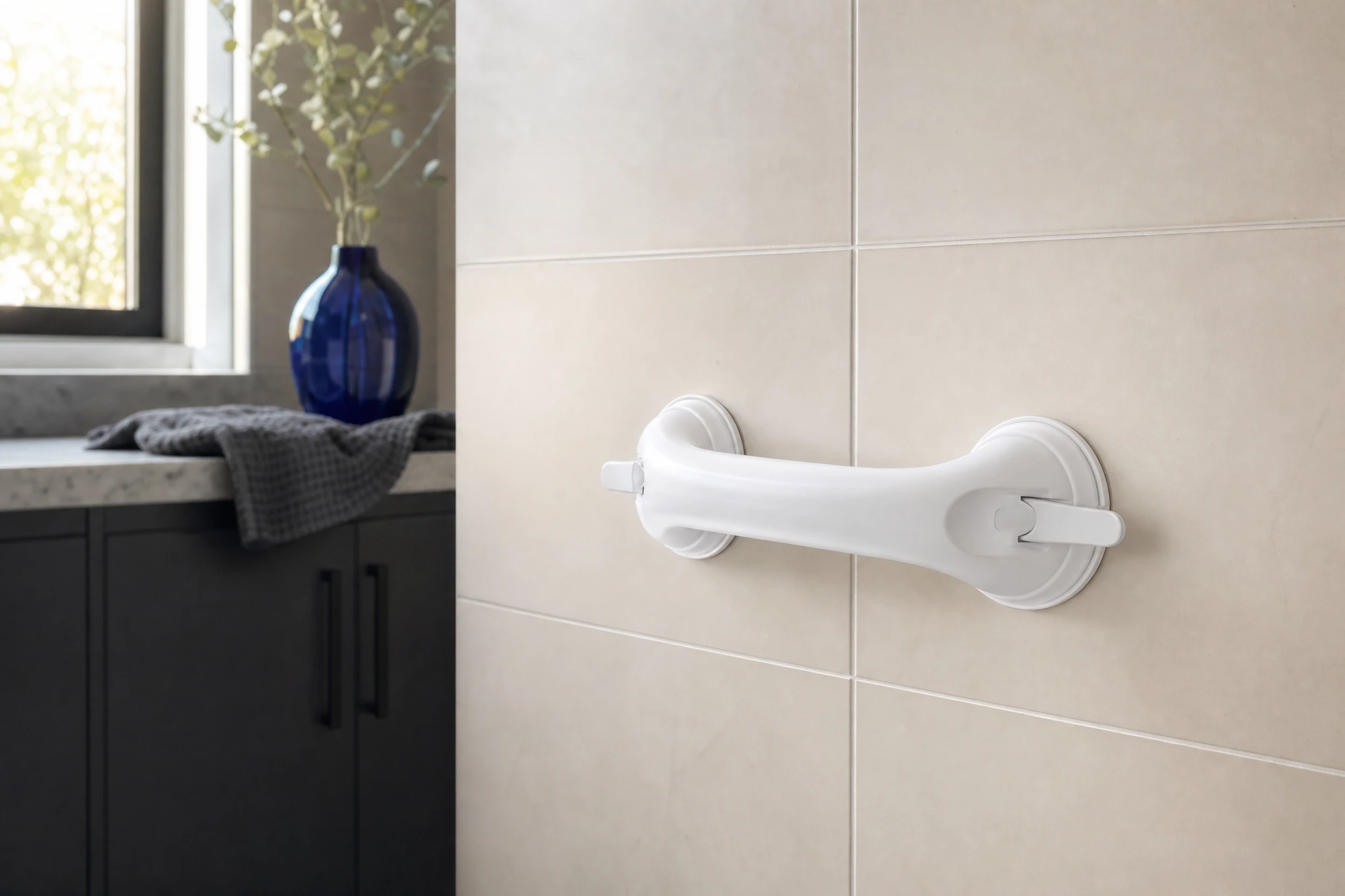 Illustrative suction-handle scene on a smooth bathroom surface