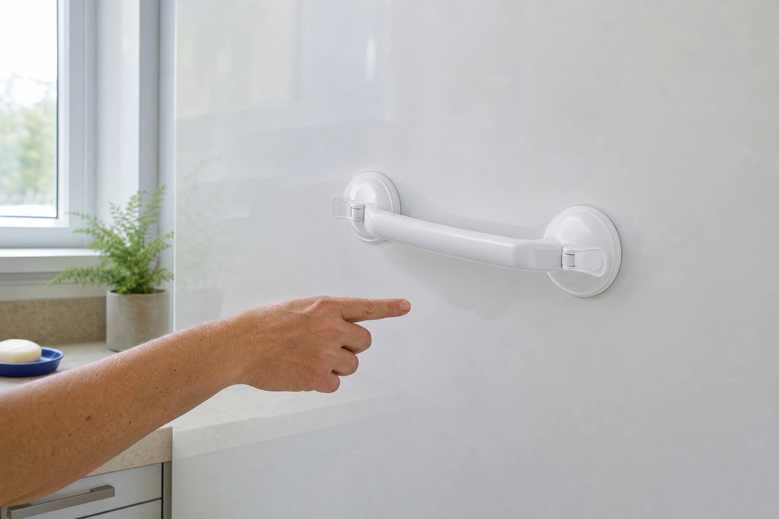 Illustrative suction-handle scene on a smooth bathroom surface