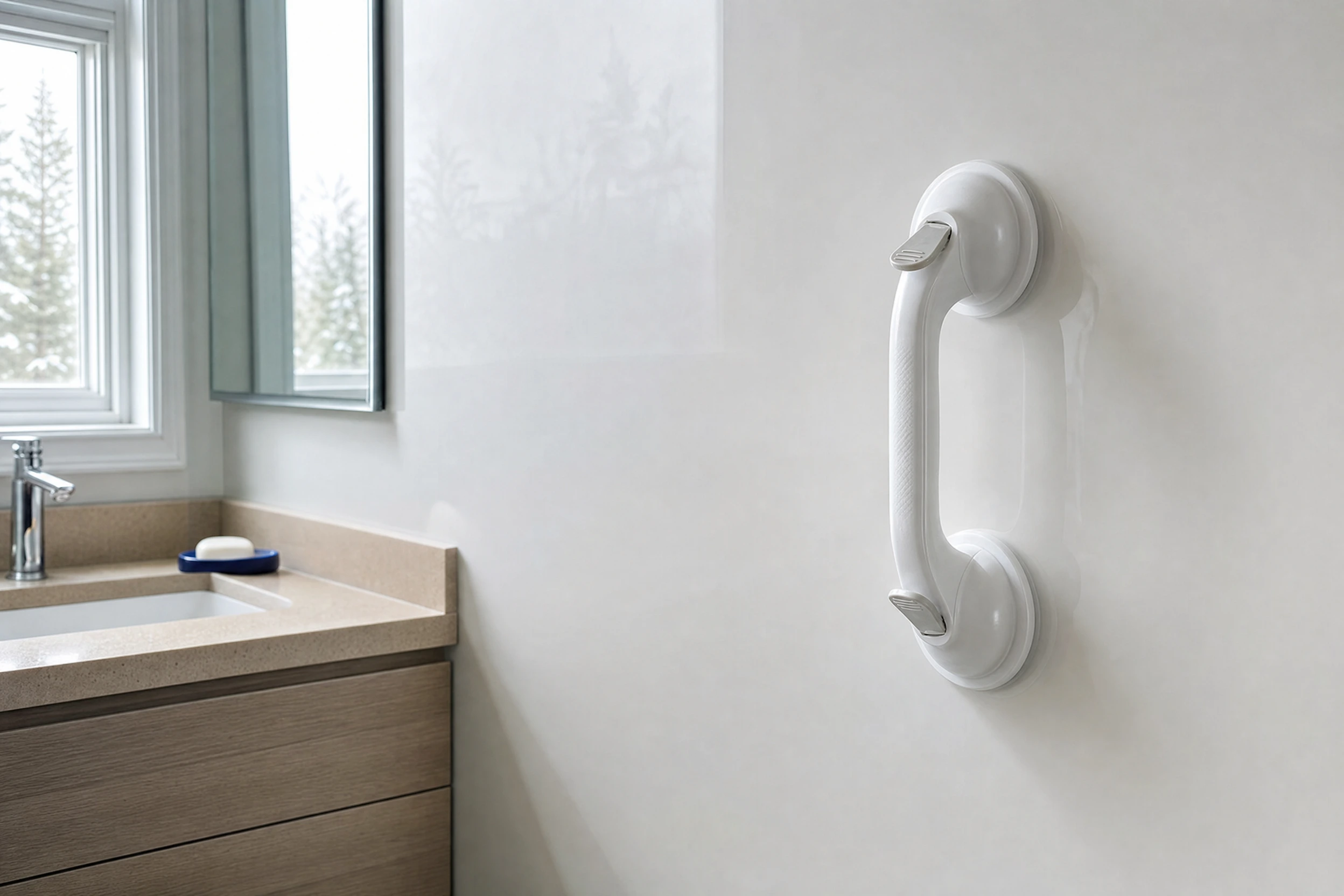 Illustrative suction-handle scene on a smooth bathroom surface