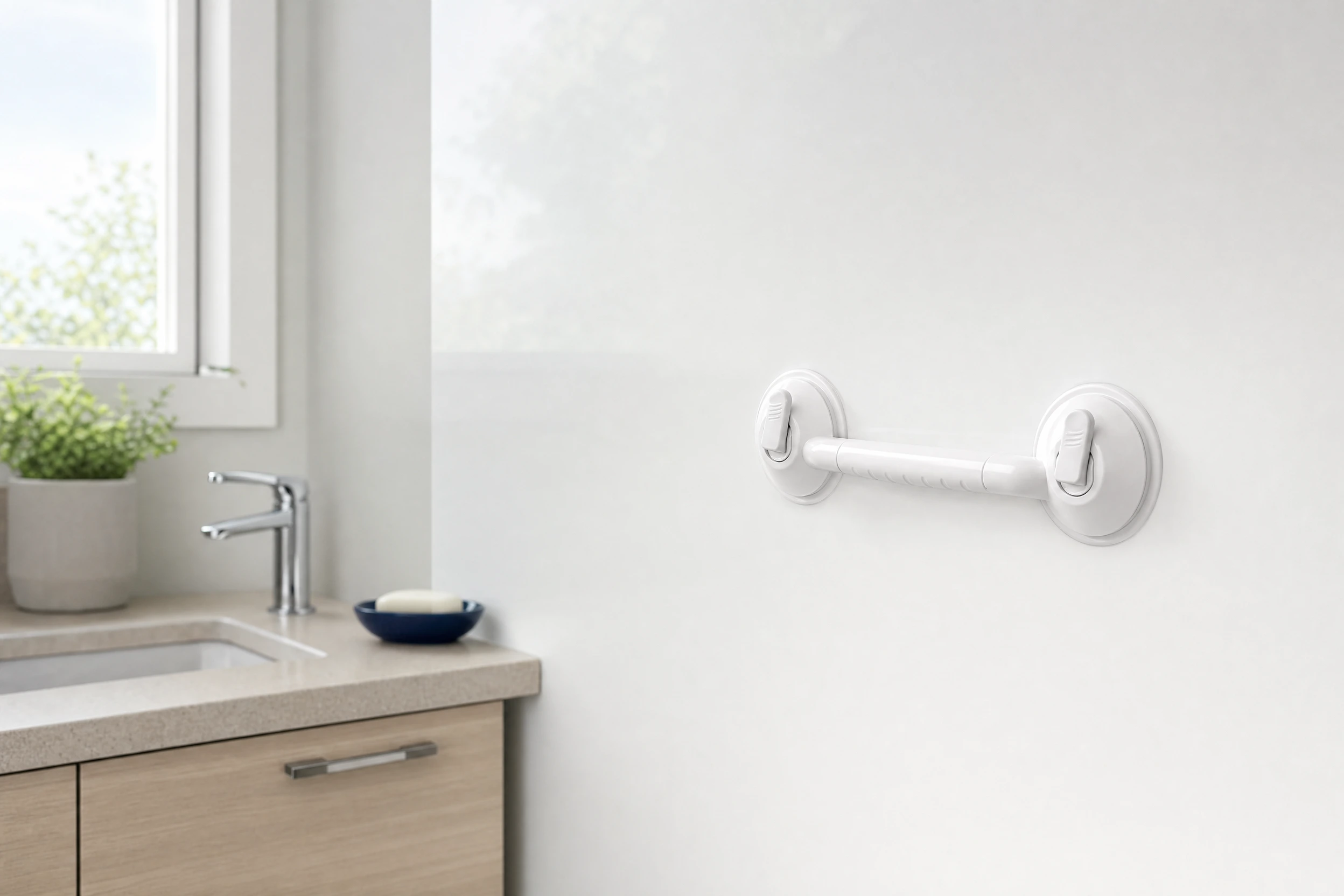 Illustrative suction-handle scene on a smooth bathroom surface