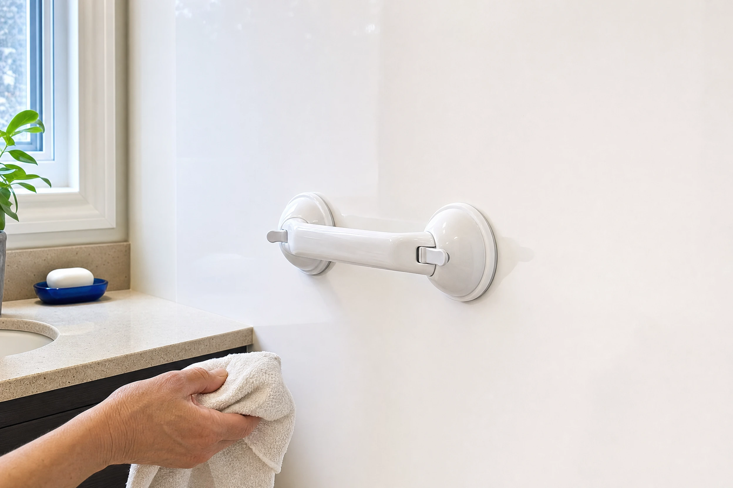 Illustrative suction-handle scene on a smooth bathroom surface